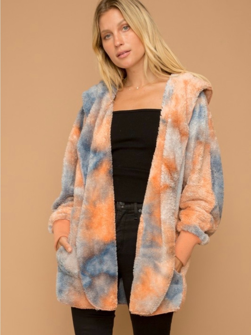 NWT Hem & Thread One Size Tie Dye Sherpa Teddy Hooded Cardigan Coat